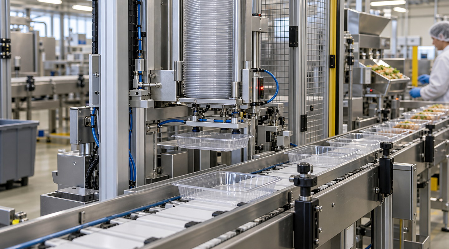 A tray denester releasing one tray from a magazine onto a conveyor in an operating packaging line.