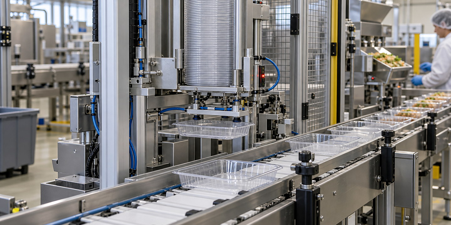 A tray denester releasing one tray from a magazine onto a conveyor in an operating packaging line.